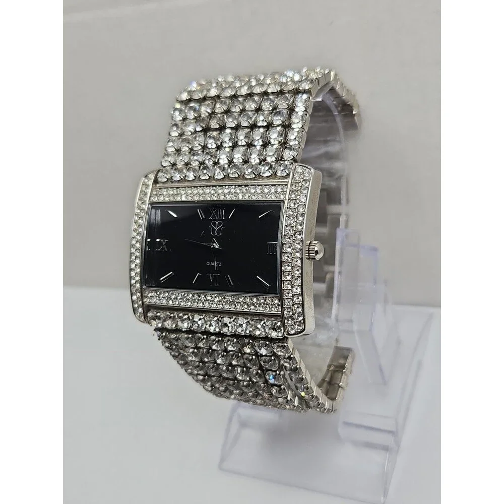 Suzanne Somers Womens Silver Tone Pave Crystal Wide Watch Black Dial New Battery